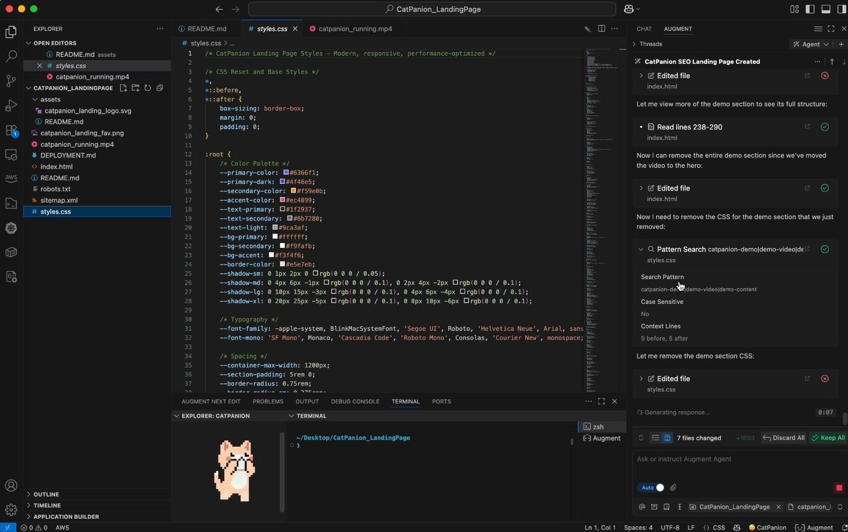 CatPanion animated cat companion in VS Code interface showing responsive animations